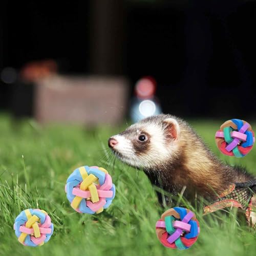 4 Pack Ferret Toys Ball Set, Rubber Scratch Chew Toys with Built-in Bell Soft Colorful Balls Grinding Wiggle Ball Interactive Sound Toy Exercise Teeth for Ferret Cat Kittens