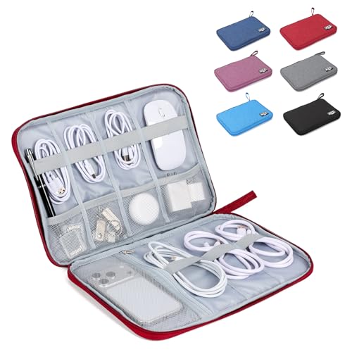Cable Organizer Bag, Electronics Organizer Case for Tech Accessories | Store chargers, cables, power banks and adapters with elastic loops, mesh pockets and organized compartments for travel. - color: red, size: L