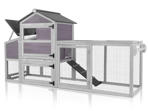 Mobile Chicken Coop with Wheels for 4-6 Chickens, Large Outdoor Hen House with Run, Weatherproof Asphalt Roof, Sectionable Nesting Box & Pull-Out Tray, 82.4" L x 25.8" W x 44.1" H - Grey - size: 82.4"L x 25.8"W x 44.1"H