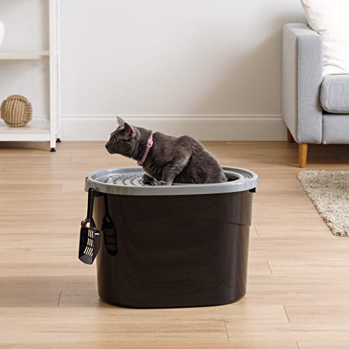 IRIS USA Large Top Entry Cat Litter Box, Hooded Privacy, Black/Gray | Multi-Cat Households, Protected Interior, Enclosed Top Access, Dog Proof Pan, Reduced Tracking, Odor Trapping - color: Black w/ Scoop