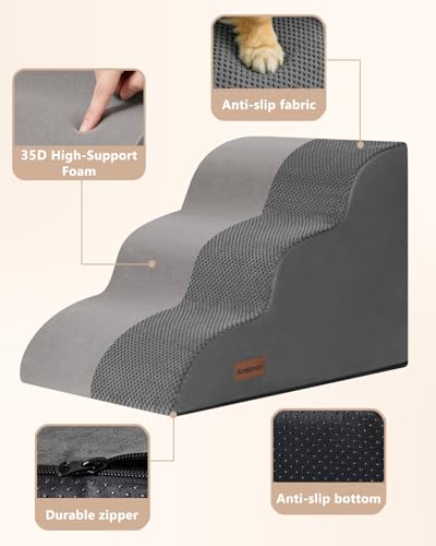 Aodisman Dog Stairs for Small Dogs,3 Step Dog Ramp for Couch,Non-Slip Steps | Pet stairs help small dogs, old cats, and puppies reach couches and chairs easily, durable indoor dog steps,15.4" H,Grey - color: Grey