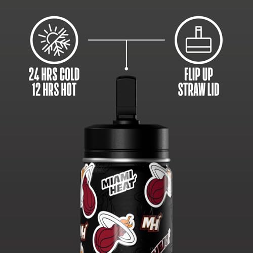 Hydrapeak x NBA Officially Licensed Miami Heat 14oz Mini Kids Water Bottle with Straw Lid and Handle Reusable Stainless Steel Double Wall Insulated Spill Proof Sports Gift for Boys Girls - color: Miami Heat