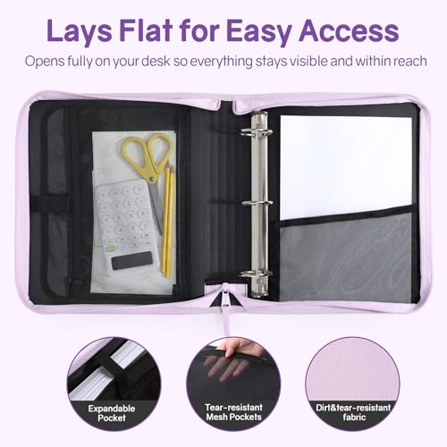 SUNEE Zippered Binder Bag with Handle, 2-Inch 3-Ring O-Ring, 500-Sheet Capacity, Includes Zip Pocket, 5-Tab Expanding File Folder, Multi-Pocket Organizer Binder for Middle School, Lavender Purple - color: Lavender Purple