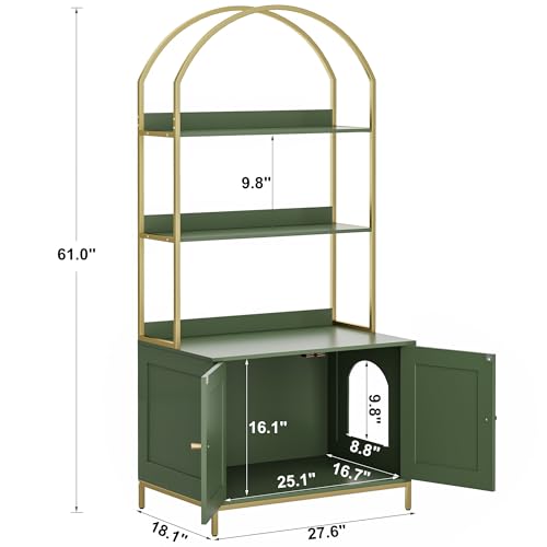 Homhedy Cat Litter Box Enclosure with 2-Tier Shelves, Green and Gold | Litter Box Furniture Hidden, Indoor Cat House, Wooden Cat Washroom Furniture with Metal Frame, Modern Style - color: Green and Gold