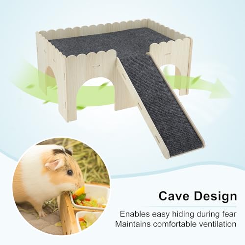 Guinea Pig Hideout, Wooden Small Animal Castle Habitat with Stairs, Hamster Bunny Chinchilla Hideaway Hut for Playing Hiding, Beige, Black, 1 Set