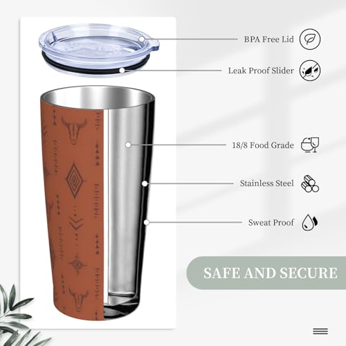 Western Bull Tumbler with Lid and Straw Boho Brown 20oz Insulated Stainless Steel Cup Cowboy Travel Coffee Mug Water Bottle for Women Gift for Birthday Christmas - color: Brown