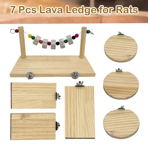 7 Pcs Chinchilla Ledges Wood Sets, Hamster Wooden Stand Platform with Lava Ledge Blocks Chew Toys Small Animal Cage Accessories for Rat Gerbil Guinea Pig Parrot Chipmunk Squirrel Mouse