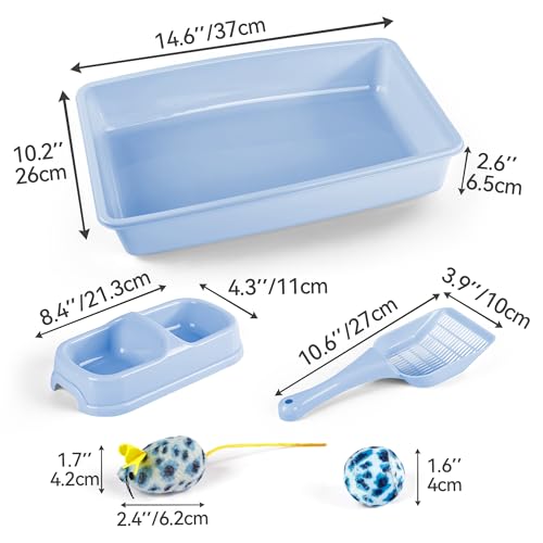 PAWISE Cat Litter Box Set, Small Cat Kitten Starter Kit, Includes Cats Toilet Kitten Litter Pan with Litter Scoop, Double Dish Cat Bowl, Kittens Mouse and Ball Toy - color: Blue