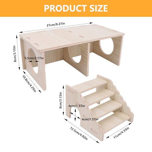 2 Pcs Hamster Hideouts, Wooden 2 Chamber Hideout Tunnel Hamster Platform with Climbing Ladder