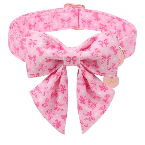 Pink Bow Dog Collar with Bowtie, Adjustable Cotton Puppy Collar with Charm and Metal Buckle, Bowtie Dog Collars for Small Medium Dogs - color: PinkBow CSB, size: XS
