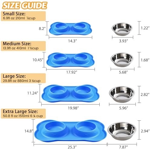 Hubulk Pet Dog Bowls 2 Stainless Steel Dog Bowl with No Spill Non-Skid Silicone Mat + Pet Food Scoop Water and Food Feeder Bowls for Feeding Small Medium Large Dogs Cats Puppies (Small, Blue) - color: Blue, size: Small