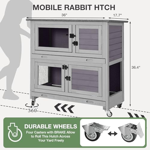 Rabbit Hutch with Trap Door Indoor Rabbit Cage with 4 Casters Bunny cage 2 Story & 2 Trays Guinea Pig Cage 36 inchs Bunny Cage - color: Grey-AIR77