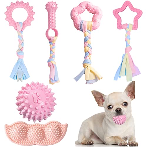 ABRRLO 6 Pack Puppy Teething Toys Cute Pink Puppy Chew Toys for Teething Small Breed Dog Chew Toy Interactive Pet Toy Set for Puppies to Keep Them Busy Soft Durable Small Breed Doggy Chewing Ball - color: Pink