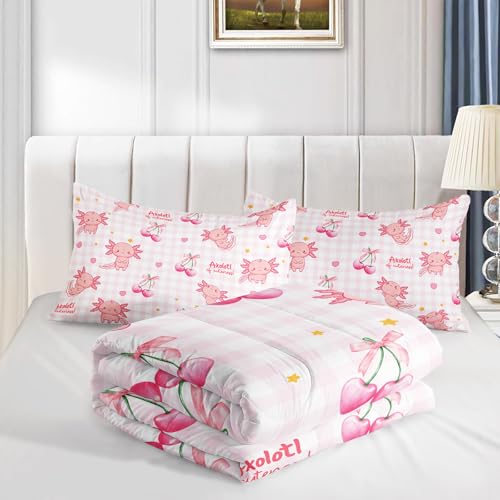 QOOMO Axolotl Comforter Set Twin,Pink Bow Bedding Set for Kids | 3Pcs Bedding Set Printed Comforter with 2 Pillowcases,Soft Microfiber,Lightweight and Comfortable,for All seasons - color: Axolotl 2, size: Twin