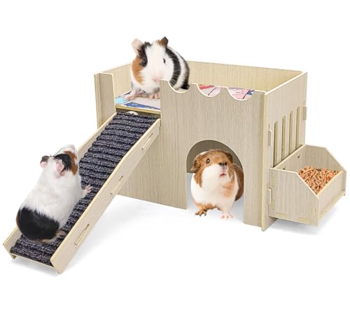 kathson Large Guinea Pig Hideout, Wooden Castle Small Animal House Sturdy 2-Layer Easy to Assemble Guinea Pig Habitat with Anti-Slip Mat Ramp & Food Bowl for Hamsters Bunny Hedgehogs Playing Hiding
