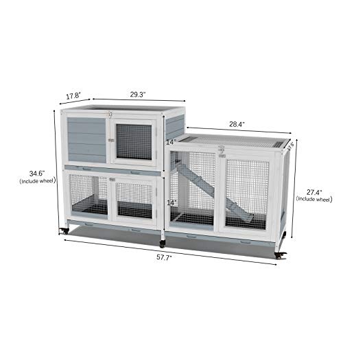 GDLF 58" Rabbit Hutch, Bunny Cage Indoor with Wheels & Cleaning Tray | 58"L x 17.8"W x 34.6"H, 2-Level Design with Wheels, Ramp & No-Leak Cleaning Tray for Rabbits, Guinea Pigs and Small Animals