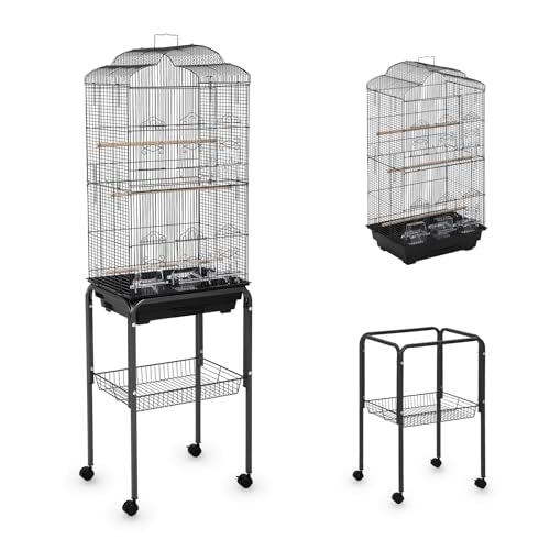 TrailBlaze 60'' Extra Large Rolling Bird Cage with Storage Shelf – Metal Parrot Cage with 4 Doors, Removable Slide-Out Tray, Perches, Food Bowls, Detachable Stand – for Parakeets, Cockatiels, Conures