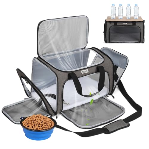 Pet Carrier for Cats & Small Dogs, Travel Carrier with Anti-Collapse Support, Chew Resistant Buckles, Luggage Sleeve, Multi-Pocket Storage, Reversible Mat & Bowl (Gray, Medium (17.5"x11"x11.5")) - color: Gray