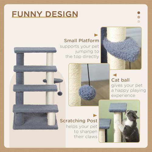 PawHut 4 Levels Cat Steps Pet Stairs Carpeted Ladder for High Bed Gray | Kitten Tree Climber, Scratching Posts, Hanging Play Ball, Side Step, for Sofa - color: Gray