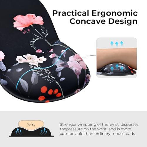 EooCoo Mouse Pad with Gel Wrist Rest, Ergonomic Mousepad Wrist Alignment | Middle Concave Design for Natural Wrist Alignment, Non-Slip Base Mousepad, Carpal Tunnel Relief, Office Desk Accessories - color: Black Floral