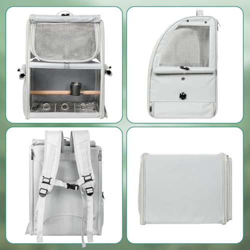 Bird Carrier Bag, Bird Travel Cage with Standing Perch and Indestructible Stainless Steel Mesh, Protable Transparent Breathable Carrier with Feeder Cups for Small Birds Parrot Parakeet, Grey - size: 16.0"L x 13.0"W x 10.0"H