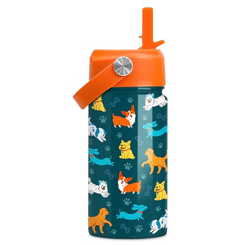SANDJEST Puppy Water Bottle - Kids Water Bottle with Straw Lid - 12 Oz Insulated Stainless Steel Water Bottles for Kid Boys Girls - Travel Cup for School Sports - color: Puppy
