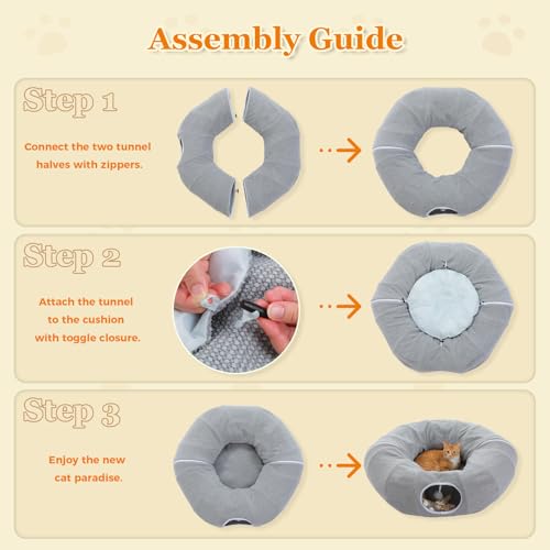 PEQULTI Cat Donut Tunnel with Bed for Indoor Cats, Cat Play Tunnel with Washable Soft Plush Mat, Round Tube Toys Cute Tube for Kittens, Puppies, Rabbits and Ferrets, Grey - color: New Gray