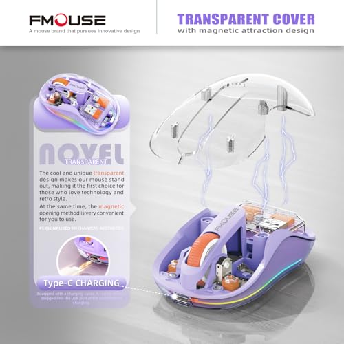 FMOUSE Transparent Wireless Mouse, Tri-Mode Bluetooth & 2.4GHz, Purple | USB-A & USB-C Receiver | Rechargeable | 3 Devices for MacBook Laptop iPad PC | Silent Clicks | Portable | RGB | 4-Level DPI - color: Purple
