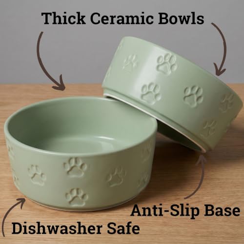 Ceramic Dog Bowl Set of 2 with Anti-Skid Base 7.5" W x 3" H, 6 Cup Capacity | Thick Ceramic, Dishwasher Safe, Anti-Skid Rubber Base, 6 Cups per Bowl, Ceramic Food & Water Bowls Set of 2 for Large Dogs - color: Sage Green, size: Large