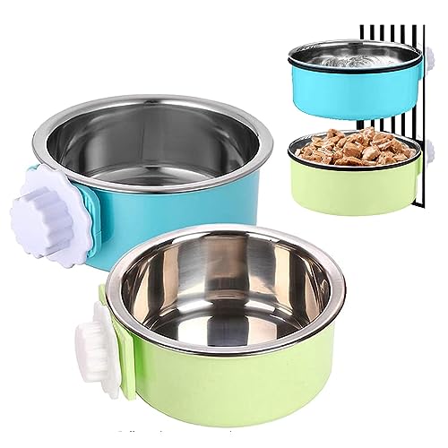 Tfwadmx Crate Dog Bowl Cat Removable Stainless Steel Food and Water Feeder Hanging Cage Bowls Coop Cup with Cleaning Set for Pet Puppy Bird Rat Guinea Pig Ferret Bunny Rabbit 2Pcs - color: Light blue, light green (2 PCS)