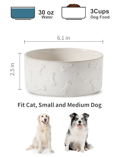 UBEE Ceramic Dog Bowl Set of 2, Dog Food Bowl Dish, Pet Food Water Dish Feeding for Small and Meidum Dogs and Large Cat, White, Bone Pattern, 6.1 in-Medium - size: 6.1 in-Medium