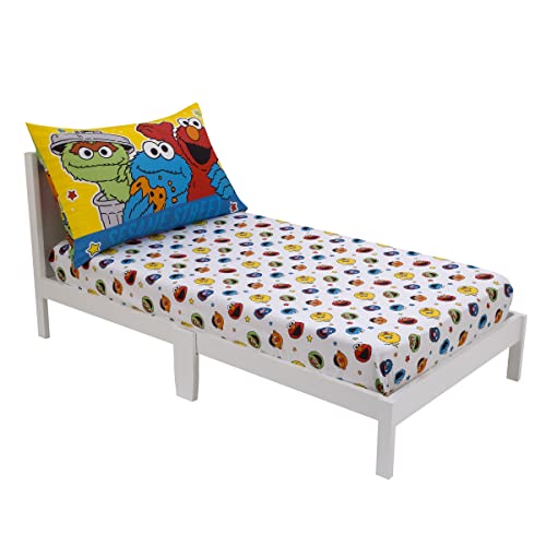 NoJo Sesame Street Come and Play Blue, Green, Red and Yellow, Elmo, Big Bird, Cookie Monster, Grover and Oscar The Grouch 2 Piece Toddler Sheet Set - Fitted Bottom Sheet and Reversible Pillowcase - color: Sesame Street Come and Play