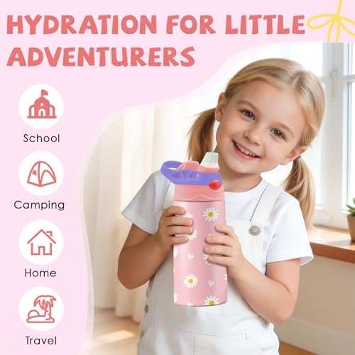 Daisy 12 oz Water Bottle with Straw – Kids Stainless Steel Vacuum Insulated Cup, Leakproof Pop-Up Spout, Reusable Travel Mug for Boys and Girls Outdoor Sports - color: Daisy1