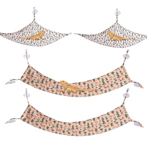 4 Pack Bearded Dragon Hammock with Suction Cup, Reptile Hammocks | Lounger Suitable for Resting or Sleeping, Fabric Reptile Hammock for Lizard, Chameleon and Gecko, Cactus Pattern - color: White and Yellow
