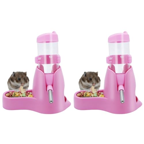 Wontee 3 in 1 Hamster Water Bottle Small Pet Automatic Water Dispenser with Food Container Base Hideout for Dwarf Hamster Mice Gerbils, 2 Pack (Pink, 80ML) - color: Pink, size: 80ML