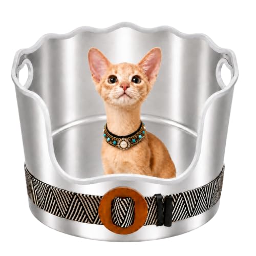 Round Stainless Steel Cat Litter Box High Sided, Large Metal Litter Box with Fashion Woven Belt, Easy Access & Turning Litter Pan for Medium & Senior Cats, Kittens, Odor Control, Easy to Clean