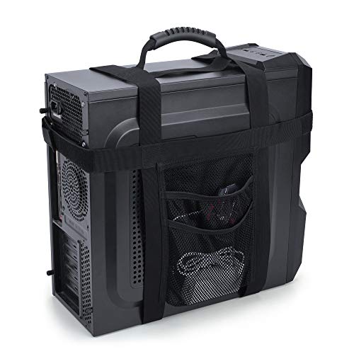 Trunab PC Tower Strap with Rubber Handle Desktop Carrying Case Belt | Computer Travel Holder with Pockets for Cable, Mouse, Ideal for Transporting On The Go - Patented Design