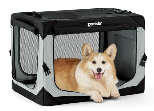 ZOMISIA Collapsible Dog Travel Crate for Medium Dogs, Portable Dog Crate | 30 Inch Dog Kennel Soft Sided, Easy Fold & Setup, Indoor & Outdoor, Breathable Mesh Windows, Built-in Leash, Plush Pad, Grey - size: 30.0"L x 21.0"W x 21.0"H