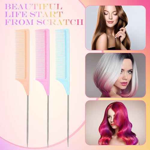 Leinuosen 3 Pack Rat Tail Comb Carbon Fiber,Light Blue,Light Pink,Purple | Steel Pin Tail for Sectioning, Heat Resistant Teasing, Pick Comb for Women Wig Styling, Fishtail Design for Salon Updos - color: Light Blue, Light Pink, Light Purple