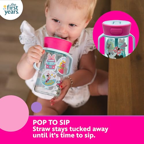 The First Years Disney Minnie Mouse Pop Up Toddler Straw Cup - Dishwasher Safe Toddler Water Bottle with Spout - Transition Sippy Cups for Toddlers - 14 Oz - Ages 12 Months and Up