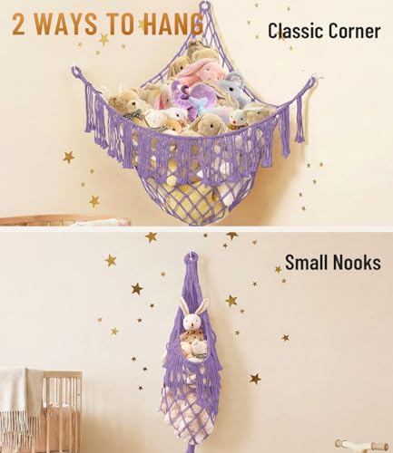 Lare Stuffed Animal Storage Hammock Corner Net - 45" W x 45" H (Lavender) | Cotton Boho Plushie Net - Room Christmas Decor for Teen Girls, Nursery Bedroom Playroom Dorm Decor (Patent Protected) - color: Lavender