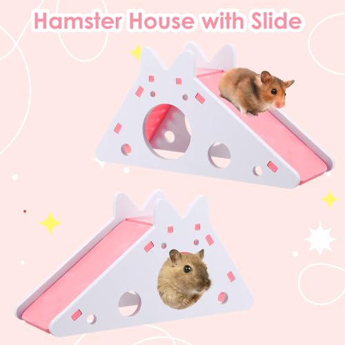 TIESOME Hamster House with Ladder and Slide, Wooden Hamster Play Toys Hideout Hut Gerbil Rat Hideaway Small Animal Activity Toy DIY Hamsters Cage Accessories for Small Pets(Pink)