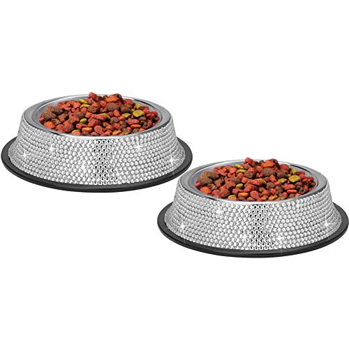 SAVORI Bling Dog Bowls White, 640ML Handmade Bling Rhinestones Stainless Steel Pet Bowls Double Food Water Feeder for Puppy Cats Dogs - Set of 2 - color: Silver