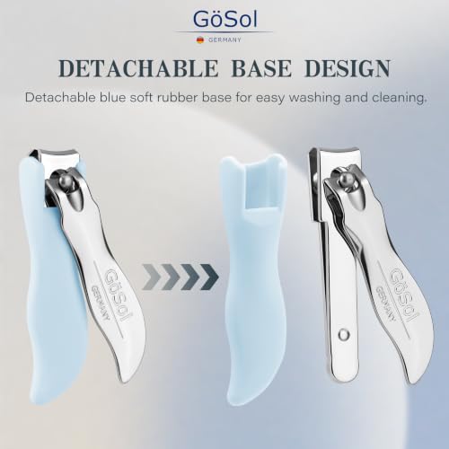 Nail Clippers Anti Splash, Sharp Curved Blades, Detachable Easy Clean Base | Premium Carbon Steel Manicure Tools with Catcher, Ergonomic Anti-Slip Soft Rubber Handle for Precise Trimming - color: Light Blue