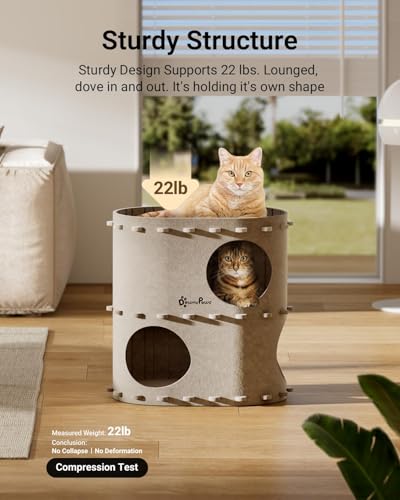 DownyPaws Cat House for Indoor Cats, 2-Storey Cat Bed Cave, Cream | Cat Hideaway Enclosed Bed,Cave Hideout Fort,Kitten Houses for Large Cats,Hide Box Bed Multicats Scratch Resistant - color: Cream, size: Double