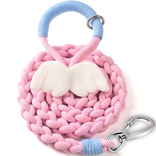 4FT Heavy Duty Braided Rope Dog Leash, Soft Cotton Design with Locking Clip for Medium & Large Dogs – Ideal for Walking & Training (Pink Blue – Angel Wings) - color: Pink Blue – Angel Wings