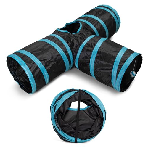 Cat Tunnel, 3 Way Cat Tunnels for Indoor Cats, Foldable Cat Tubes and Tunnels for Indoor Cats, Kitty Bored Peek Hole Toy Ball Cat, Puppy, Kitty, Kitten, Rabbit, Guinea Pigs (Blue & Black)