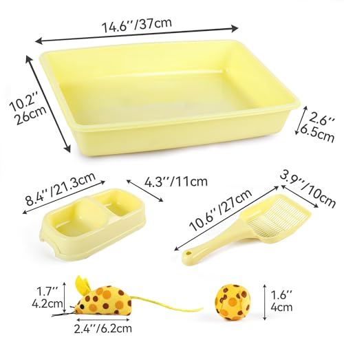 Pawise Newborn Kitty Litter Box Set, 5-Piece Cat Starter Kit – Includes Low-Entry Litter Pan, Scooper, Feeding Bowls & Mouse Toy, Ideal for New Kittens, 14.5 x 10.5 Inches, Yellow - color: yellow
