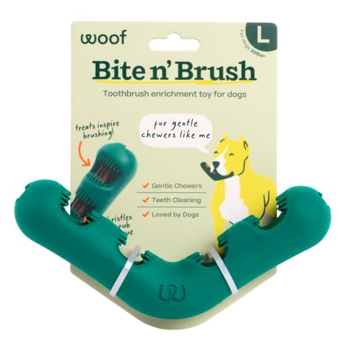 WOOF Bite n' Brush Dog Dental Chew Toy for Medium to Large Dogs 25 lbs & Up | Dog toothbrush toy, V-shaped design, reusable, easy to clean, dental dog toy - size: Large