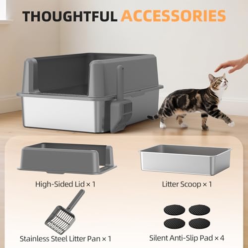 Stainless Steel Cat Litter Box, XXL High Sided Open Top Litter Pan, 1 Scoop | XXL, Spacious Interior, High Sides, Anti-Urine Leakage, Non-Stick Odor Resistant, Easy Clean, Reduce Litter Tracking - color: 3 - Light Gray (Pack of 1)